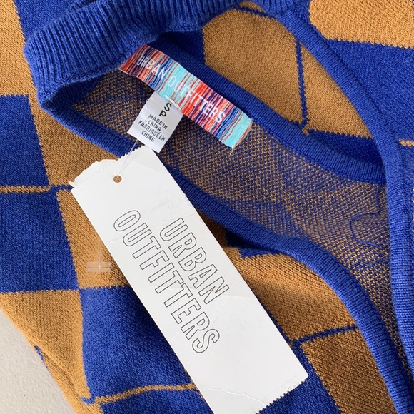 Urban Outfitters Argyle Halter RacerBack Sweater Dress Blue Mustard Yellow - Picture 9 of 12